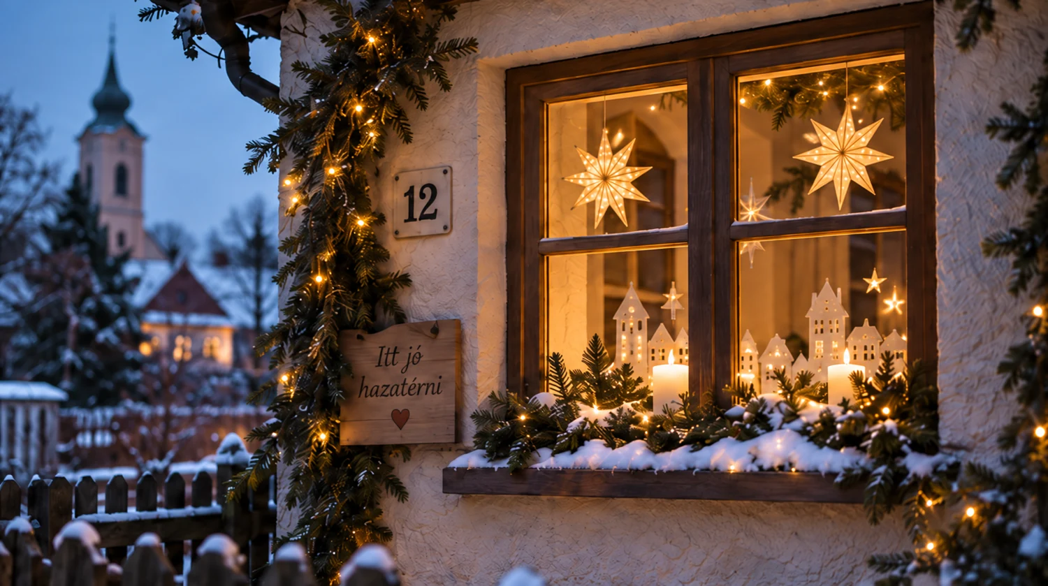 Meleg fényű, csillagokkal és fenyőágakkal díszített adventi ablak